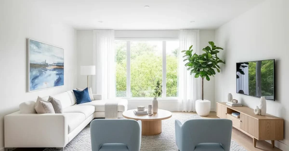 Illustration of a bright furnished living room with seating and a dining table